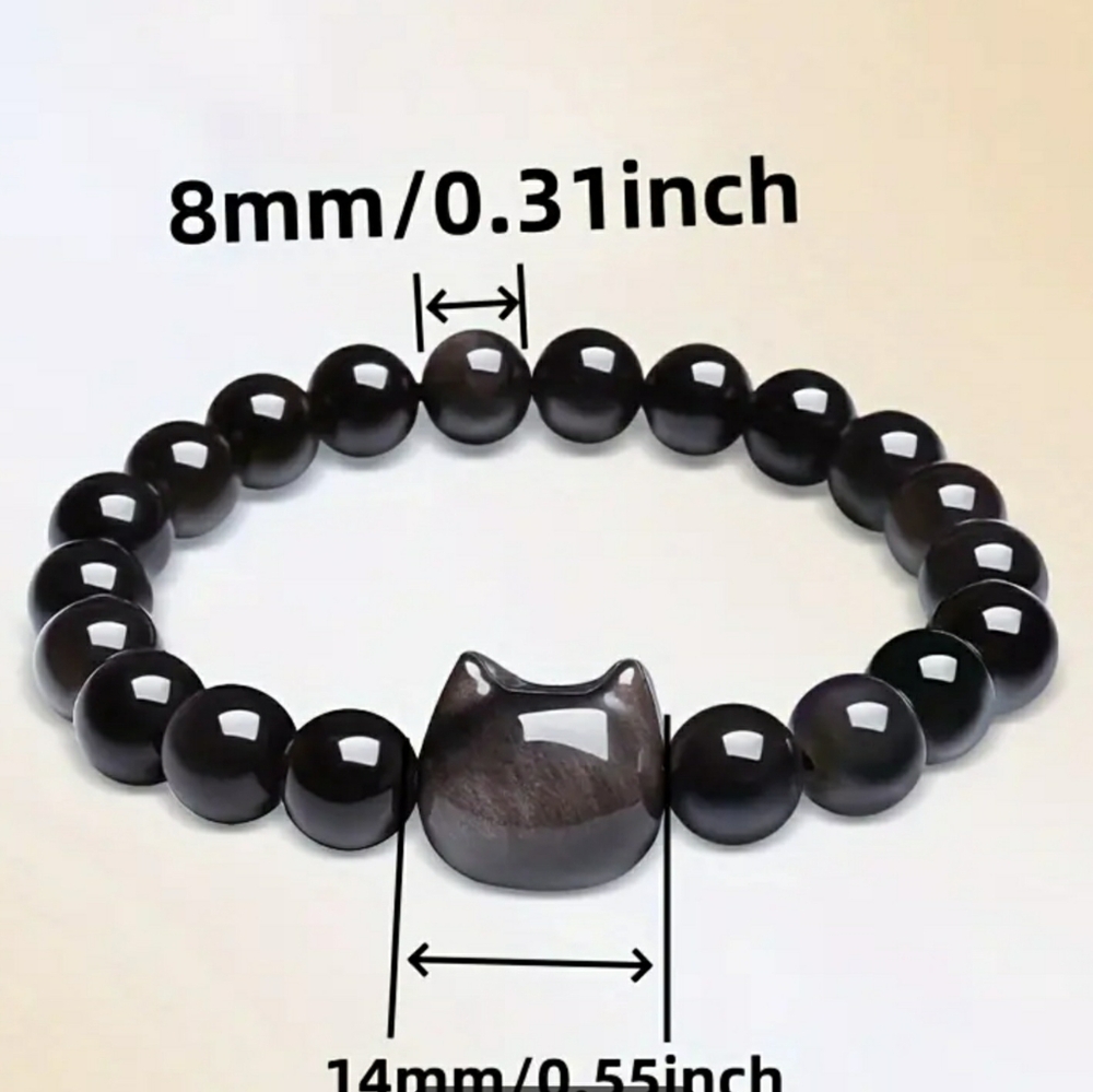 Obsidian cat’s face bracelet, stretchy women's bracelet. - Picture 4 of 6